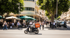שליח עם קטנוע מנווט בפקק תנועה במרכז עיר סואן, עם חבילות קטנות