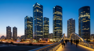 מגדלי זכוכית מודרניים ומוארים במתחם הבורסה ברמת גן בשעת ערב